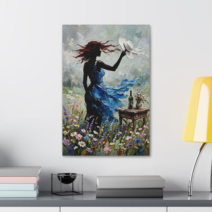 Canvas Wall Art – 'Windy Day' Woman in Blue Dress Painting (Stretched Canvas)
