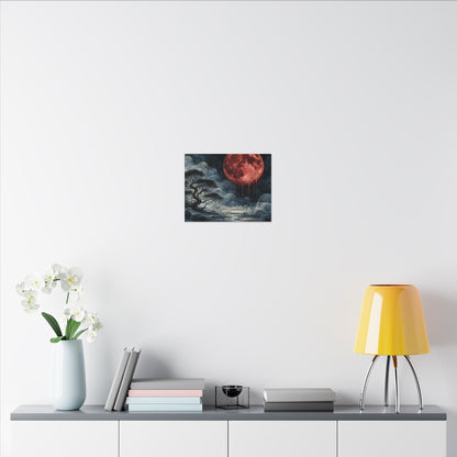 Blood Moon Canvas Art – Dripping Red Moon Over Misty Landscape, Matte Stretched Wall Art