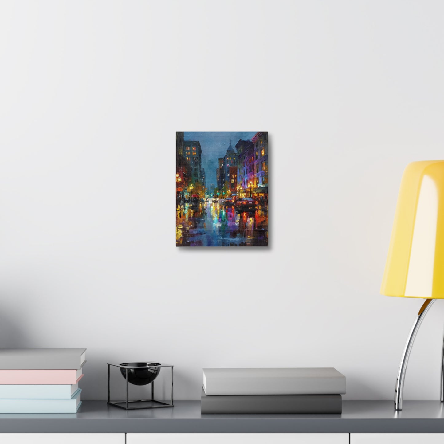 City Nightscape Stretched Canvas – Vibrant Rainy Street Urban Wall Art