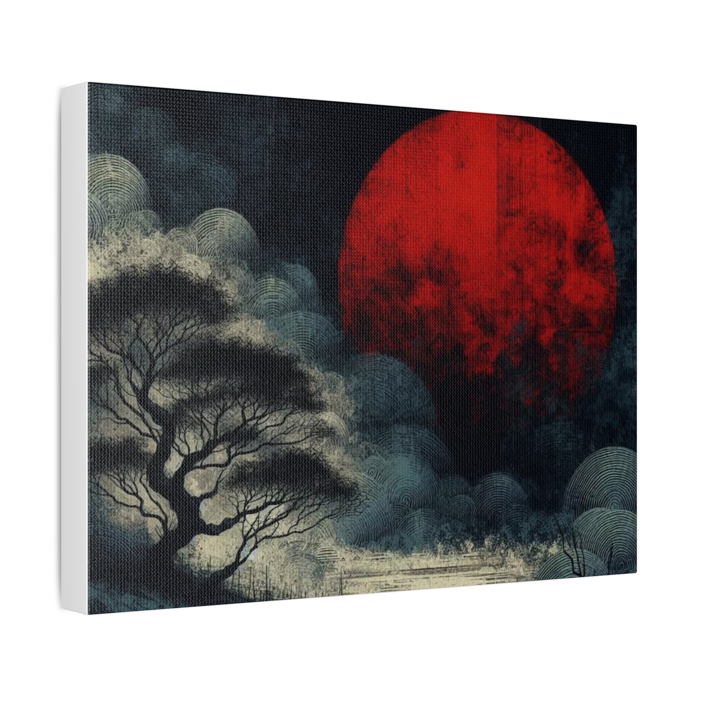 Red Moon Canvas Art — Japanese-Inspired Landscape Stretched Canvas
