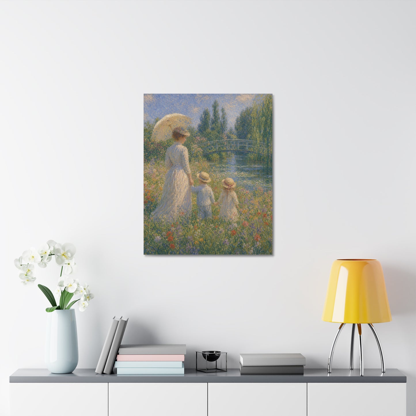 Impressionist Garden Stretched Canvas – Woman & Children by the Water