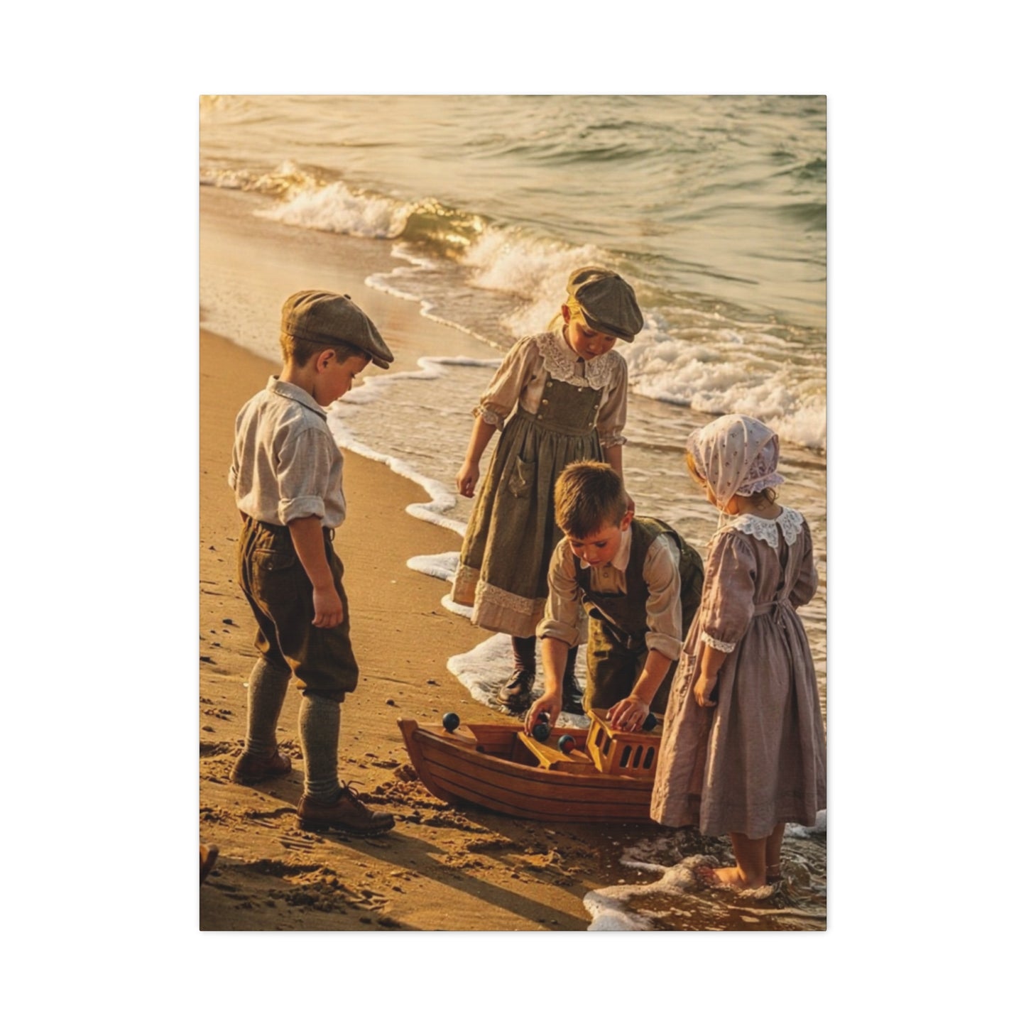 Vintage Children at the Beach Matte Canvas Wall Art (Stretched 1.25")
