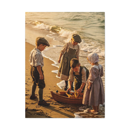 Vintage Children at the Beach Matte Canvas Wall Art (Stretched 1.25")