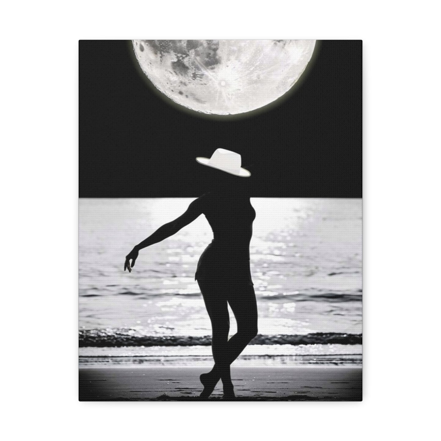 Silhouette at Moonlight – Beach Woman Stretched Canvas Wall Art