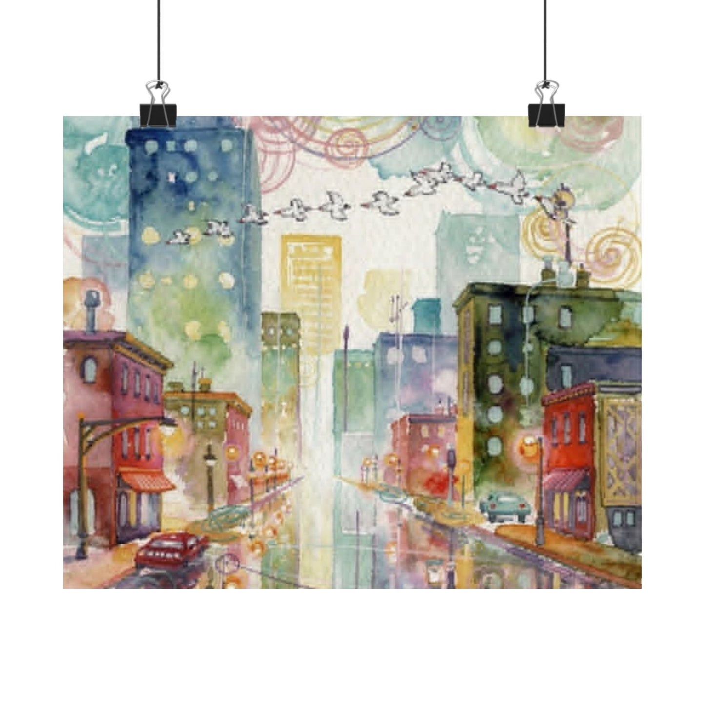 Watercolor Cityscape Matte Poster — Vibrant Urban Street Art Print