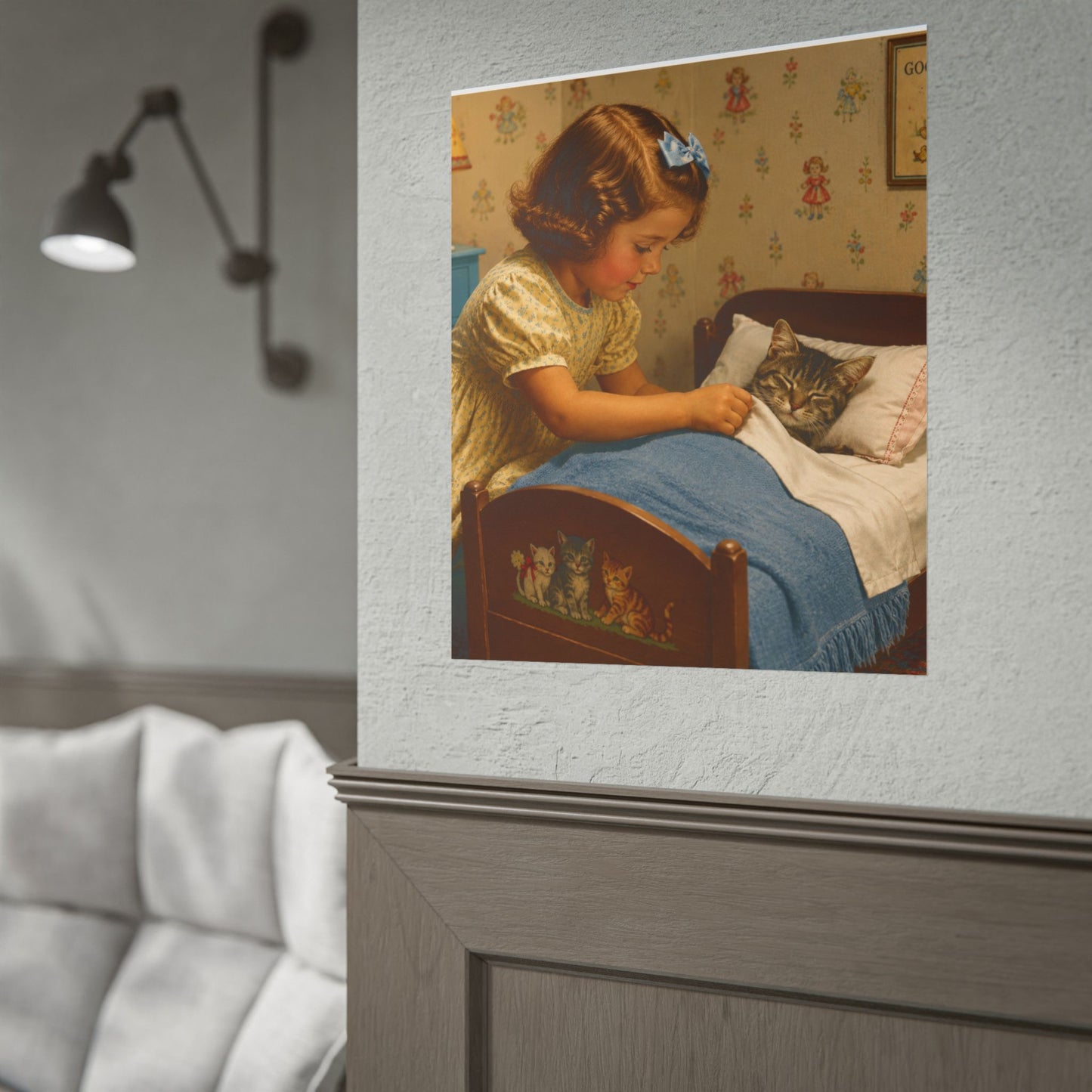 Vintage Nursery Poster — Girl Tucking Kitten into Bed (Rolled Poster)