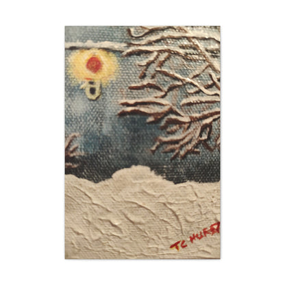 Winter Night Canvas Art – Stretched 0.75" Snowy Tree & Lantern Wall Print