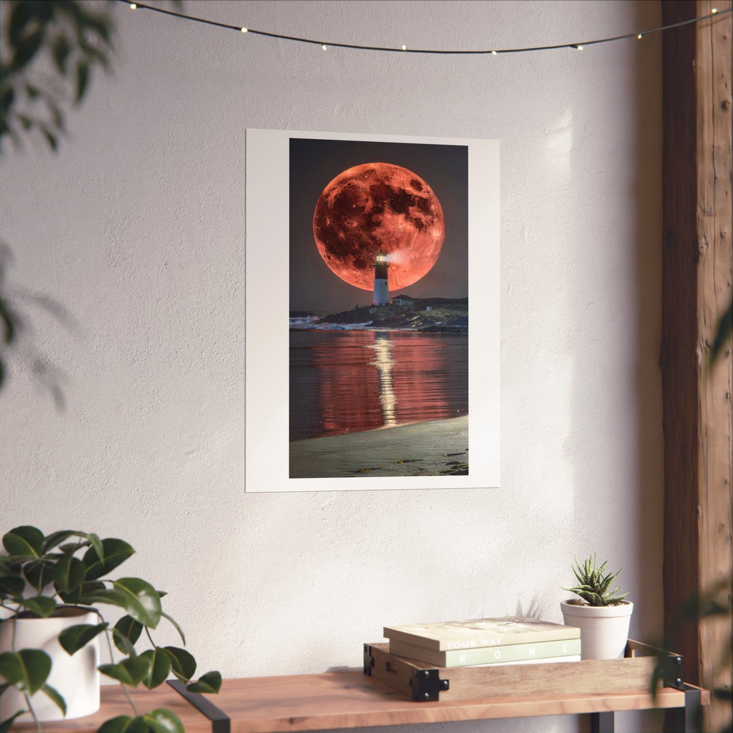 Red Moon Lighthouse Matte Vertical Poster — Surreal Coastal Wall Art