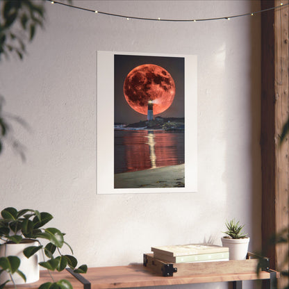 Red Moon Lighthouse Matte Vertical Poster — Surreal Coastal Wall Art