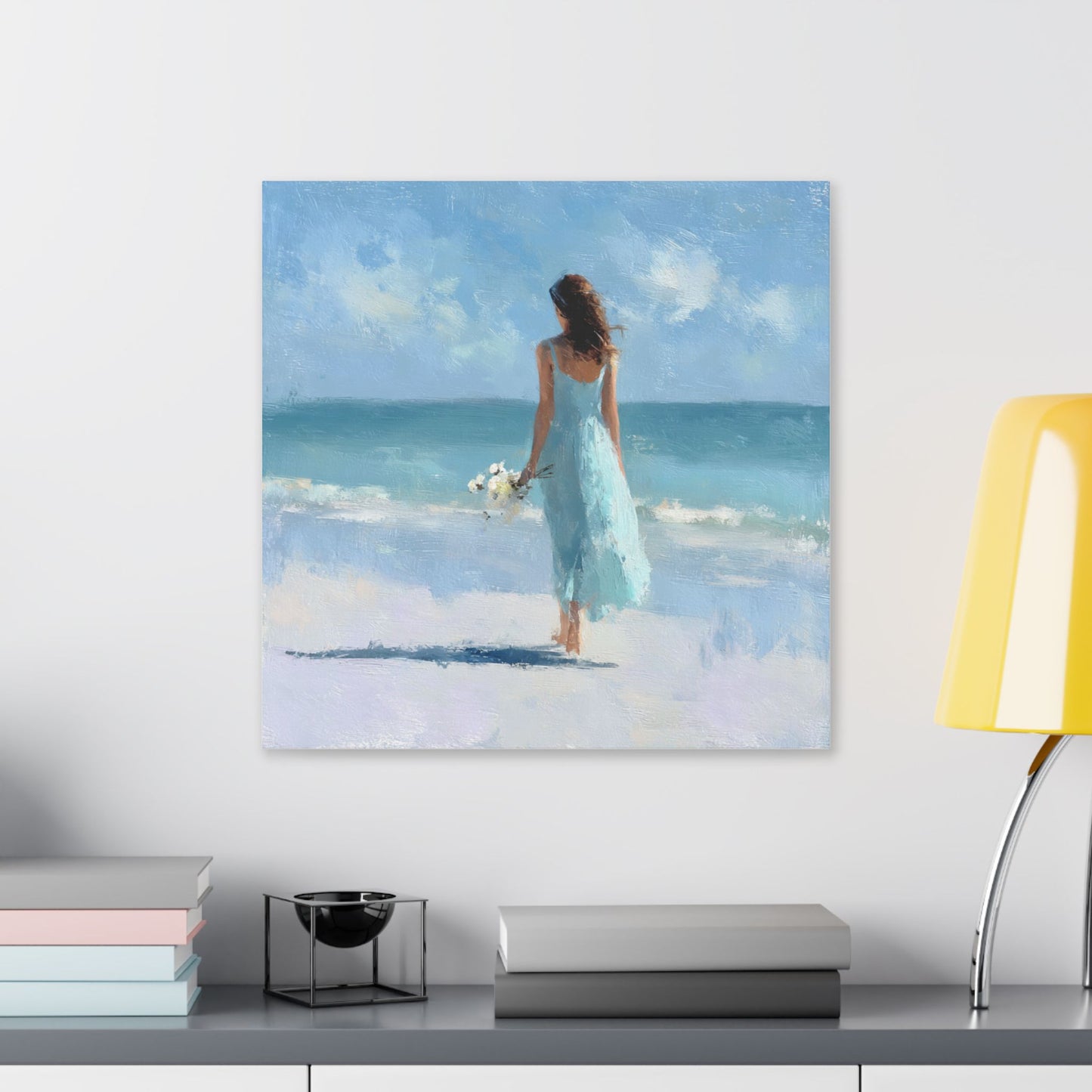 Coastal Serenity Canvas – Woman in Blue Beach Wall Art