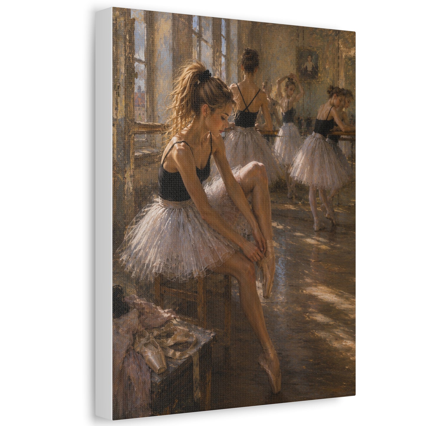 Ballet Dancers Stretched Canvas Art – Elegant Ballerina Rehearsal Wall Decor