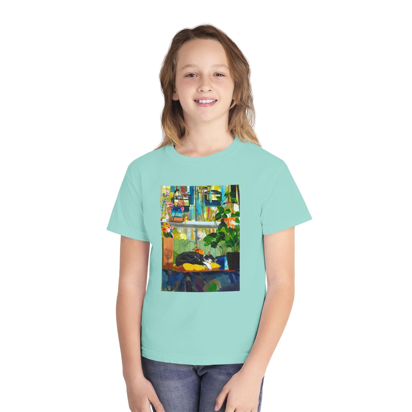 Youth Tee — Cozy Window Cat Print