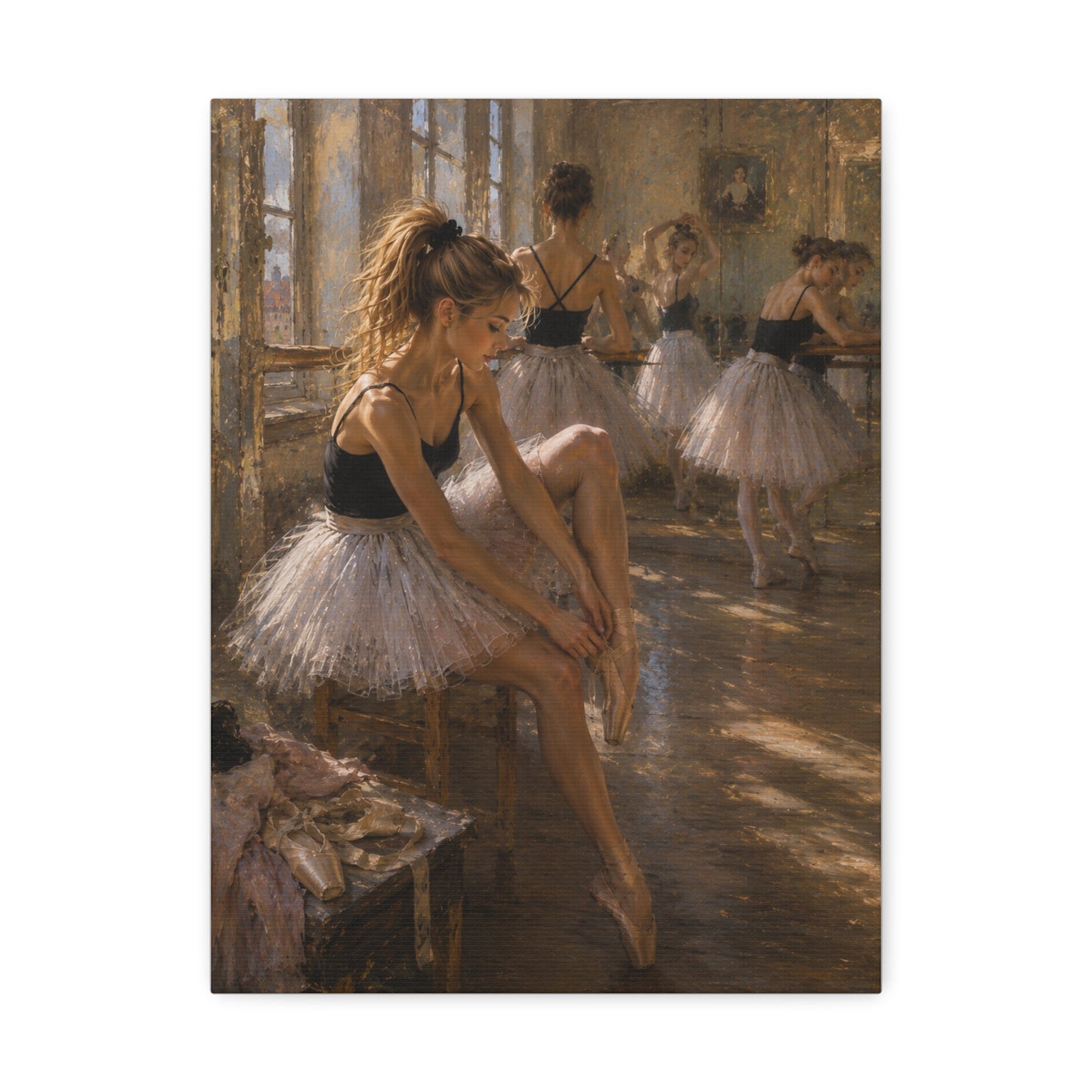 Ballet Dancers Stretched Canvas Art – Elegant Ballerina Rehearsal Wall Decor