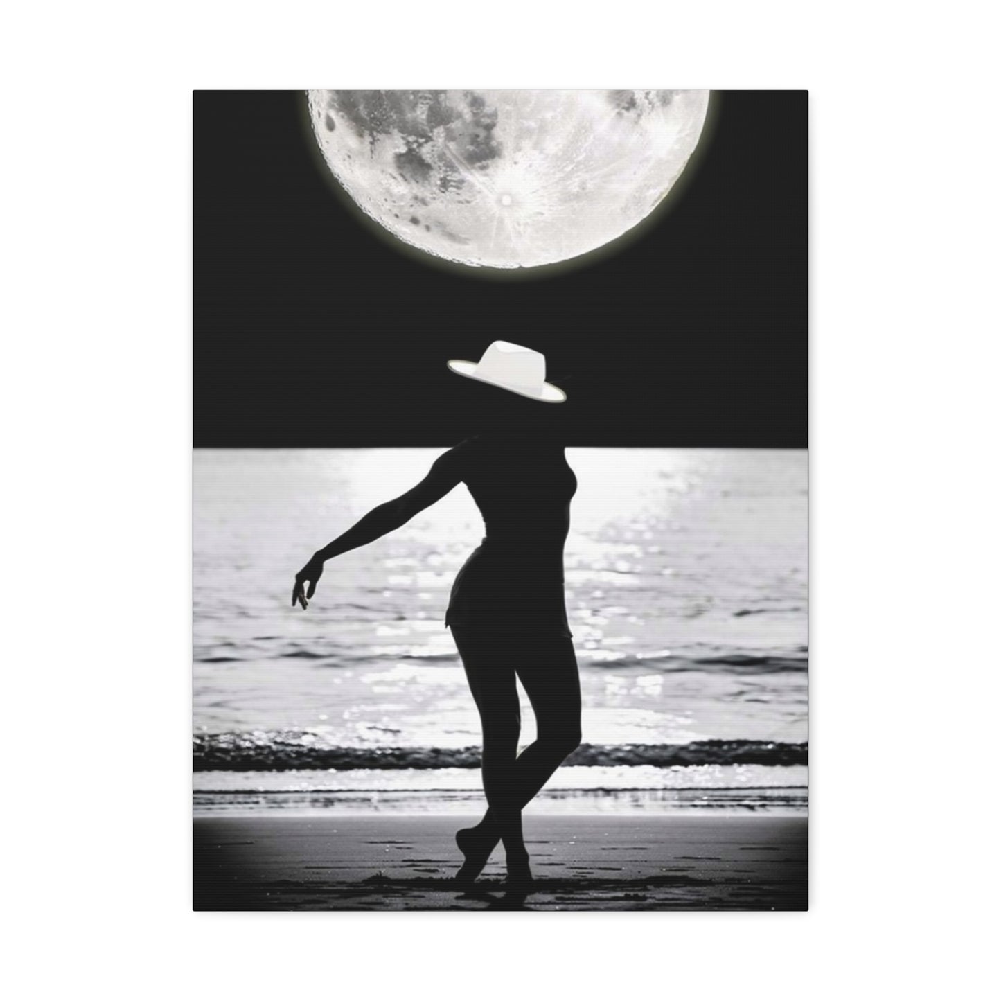 Silhouette at Moonlight – Beach Woman Stretched Canvas Wall Art