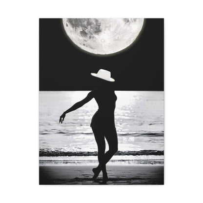 Silhouette at Moonlight – Beach Woman Stretched Canvas Wall Art
