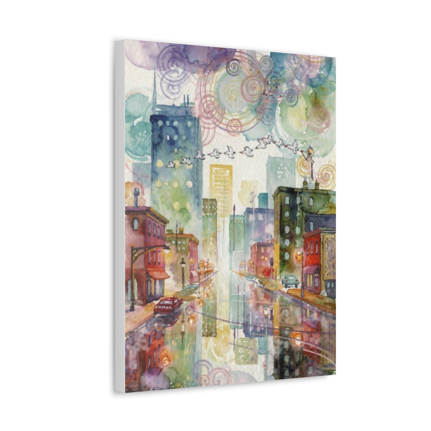 Cityscape Watercolor Stretched Canvas Wall Art — Dreamy Urban Skyline