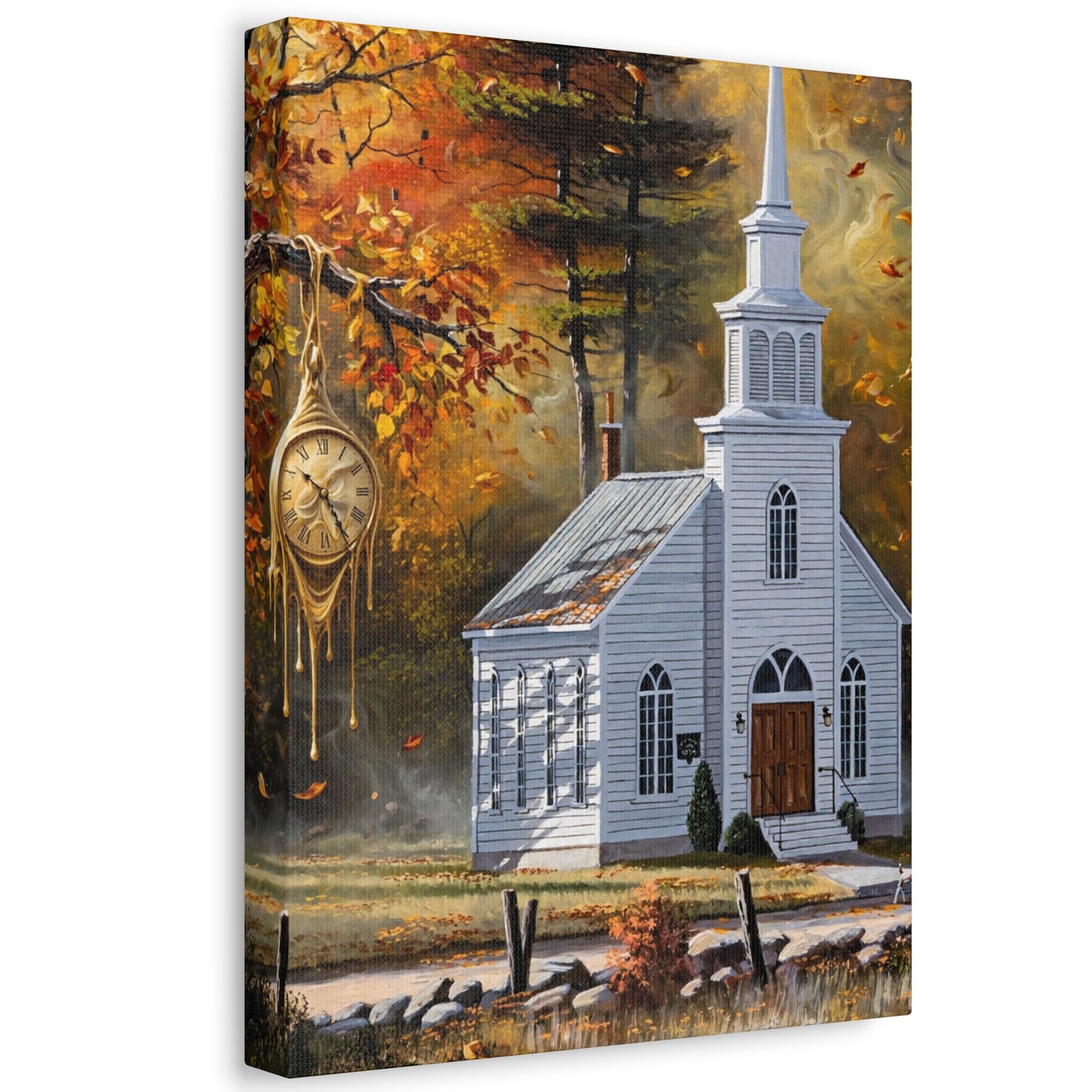 Autumn Chapel Stretched Canvas – Fall Church Wall Art
