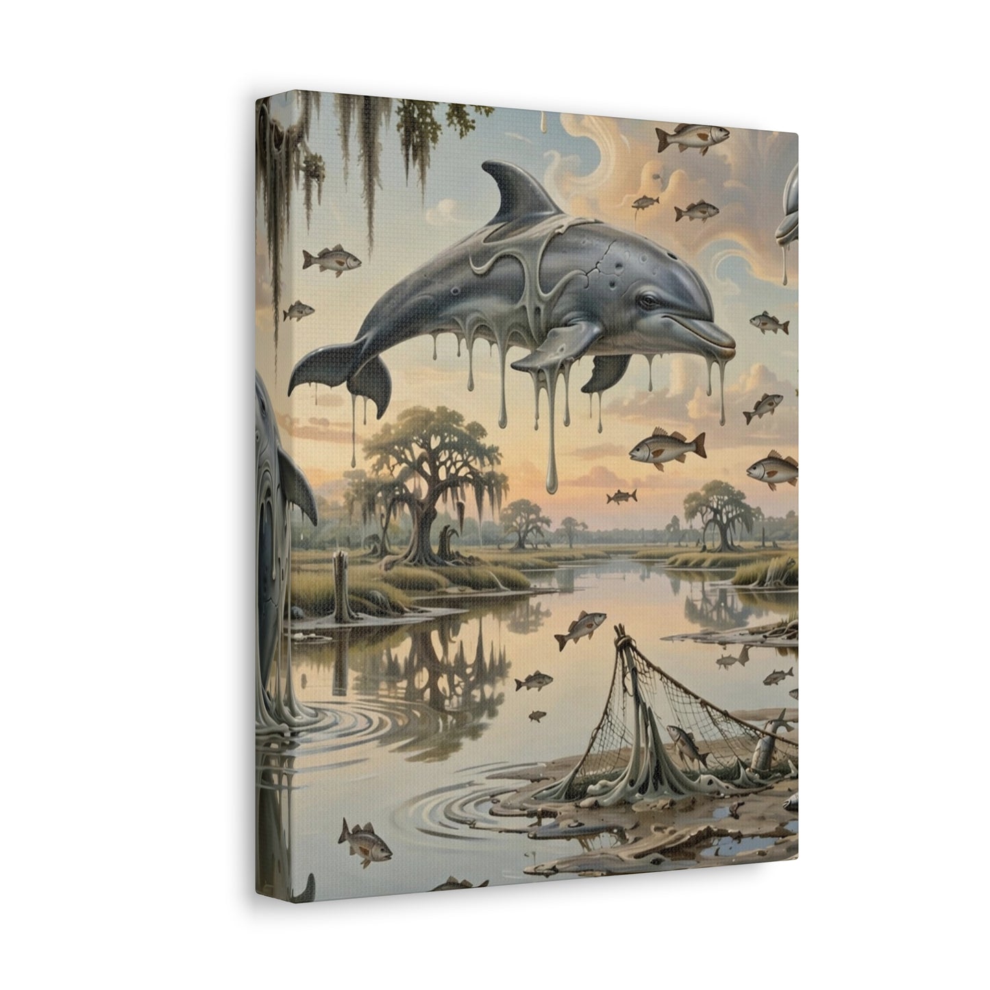 Surreal Dolphin Marsh Stretched Canvas – Dripping Sky Whales Art Print