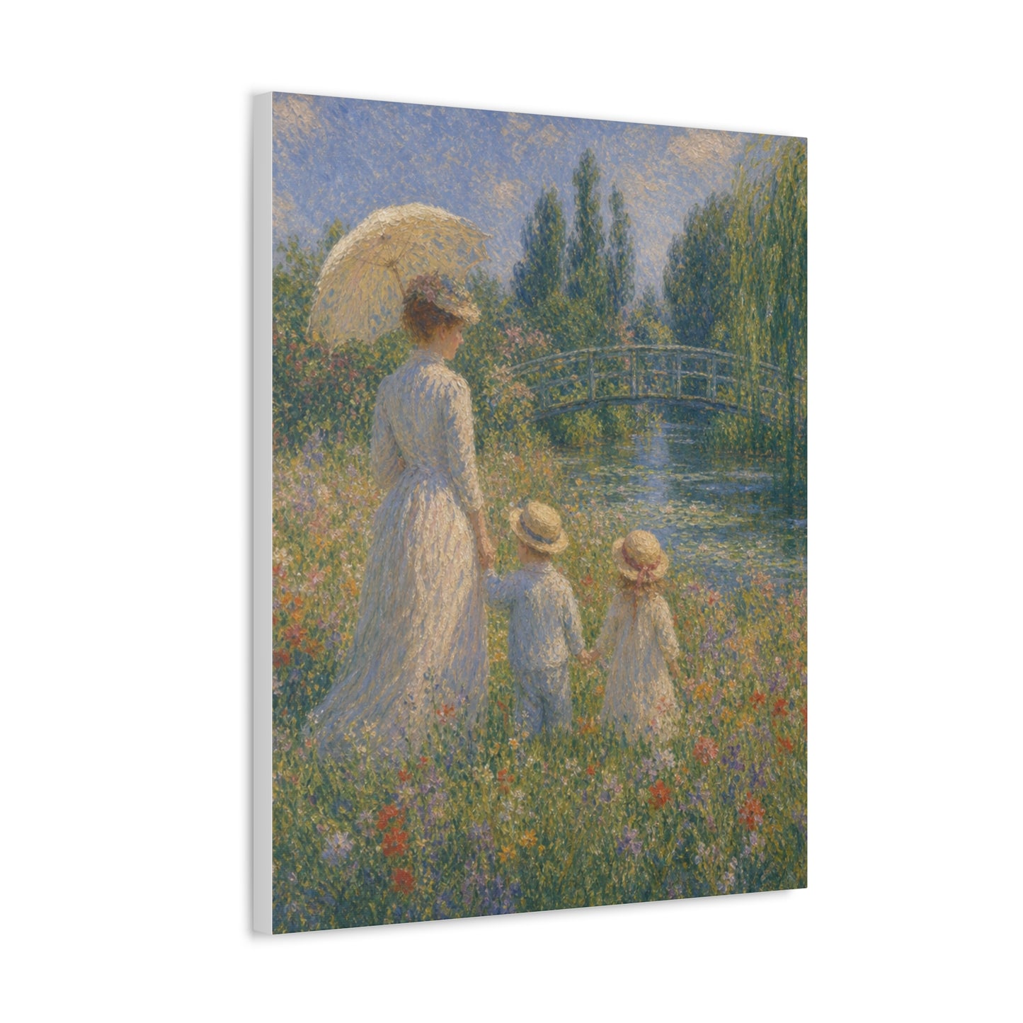 Impressionist Garden Stretched Canvas – Woman & Children by the Water