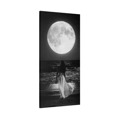 Moonlit Beach Canvas Wall Art — Woman Walking Toward Full Moon (Black & White)