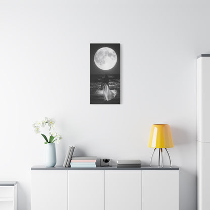 Moonlit Beach Canvas Wall Art — Woman Walking Toward Full Moon (Black & White)