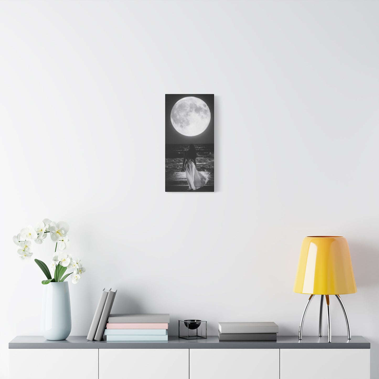 Moonlit Beach Canvas Wall Art — Woman Walking Toward Full Moon (Black & White)