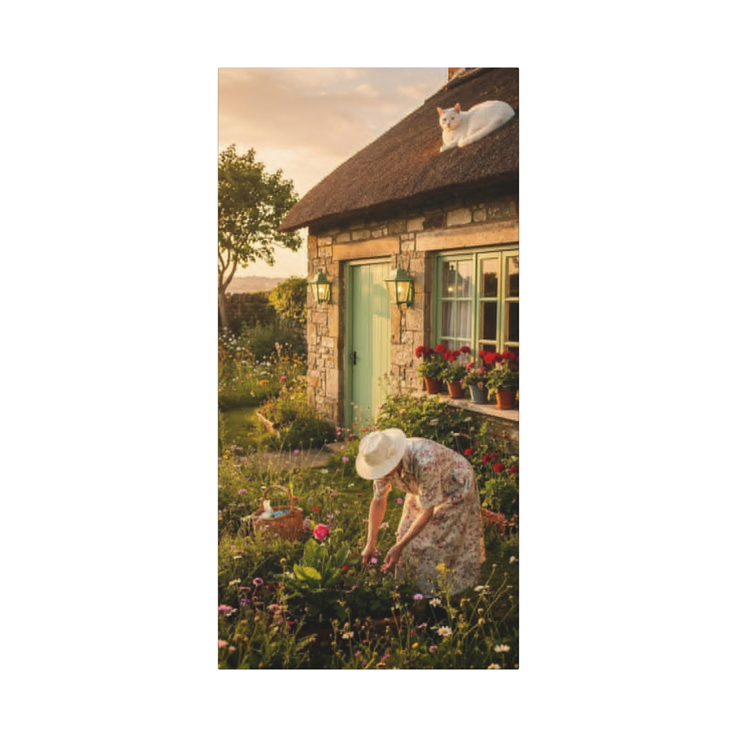 Cottage Garden Canvas Print — Woman Tending Flowers Matte Stretched Wall Art