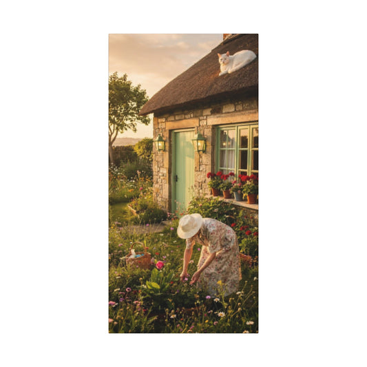 Cottage Garden Canvas Print — Woman Tending Flowers Matte Stretched Wall Art