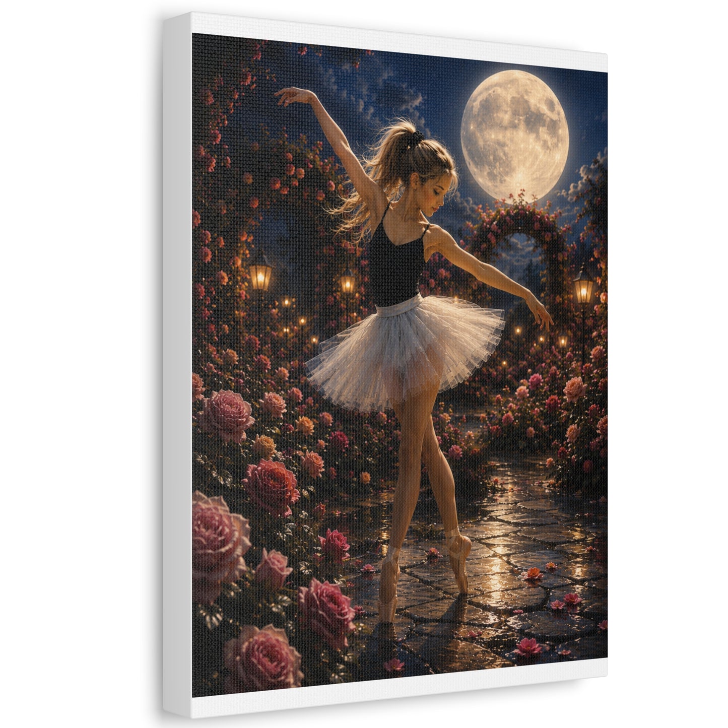 Ballet Moonlight Stretched Canvas — Dreamy Ballerina Night Garden Wall Art
