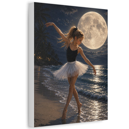Ballerina Moonlit Beach Stretched Canvas — Dreamy Dance Wall Art