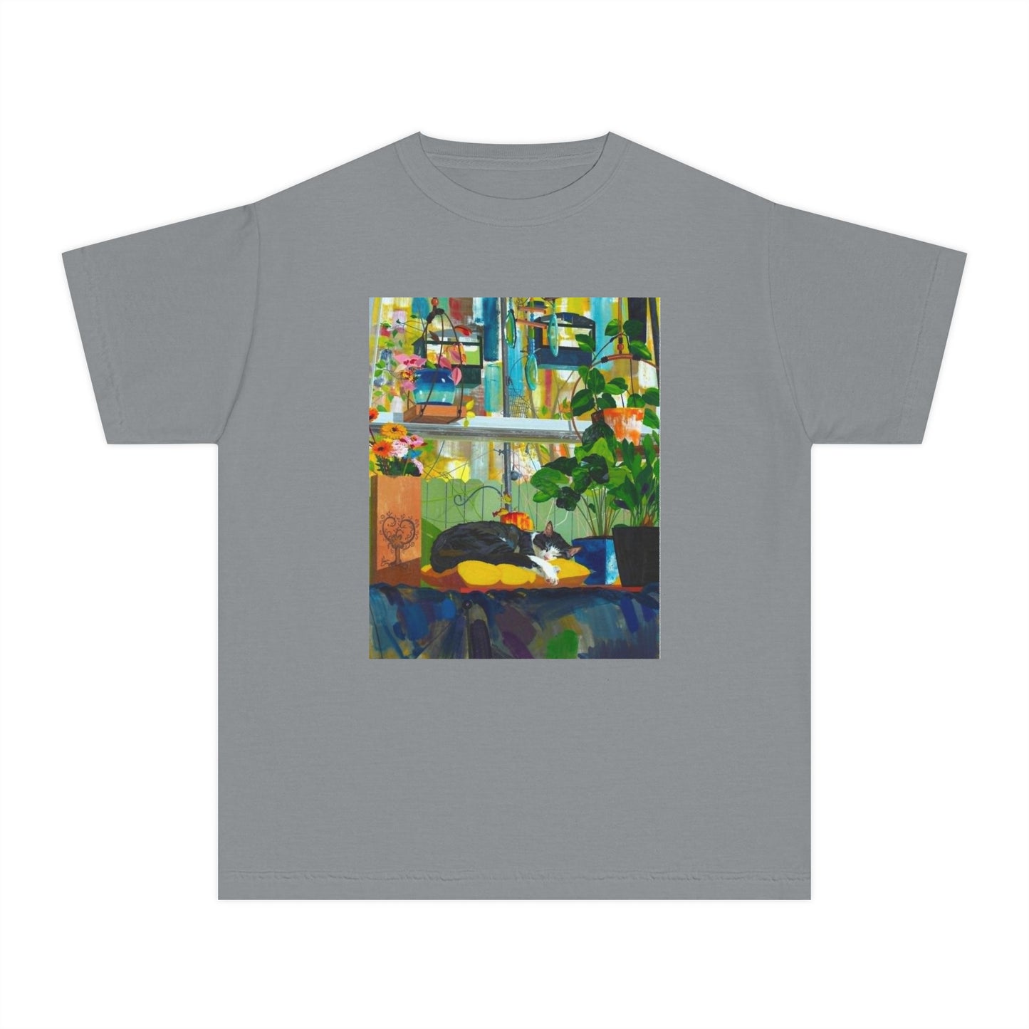 Youth Tee — Cozy Window Cat Print