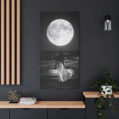 Moonlit Beach Canvas Wall Art — Woman Walking Toward Full Moon (Black & White)
