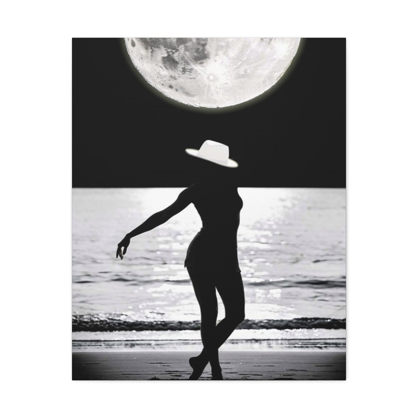 Silhouette at Moonlight – Beach Woman Stretched Canvas Wall Art