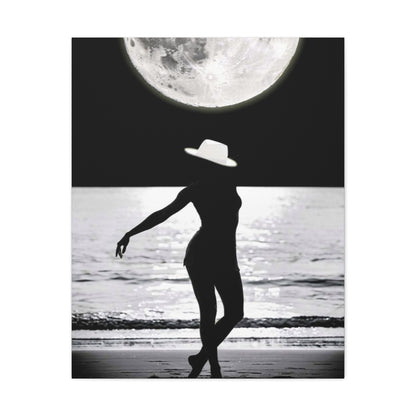Silhouette at Moonlight – Beach Woman Stretched Canvas Wall Art
