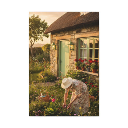 Cottage Garden Canvas Print — Woman Tending Flowers Matte Stretched Wall Art