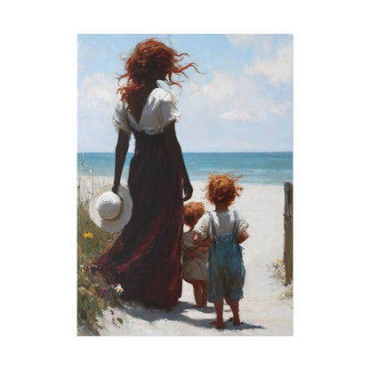 Beach Walk Canvas Print — Mother and Children Seaside Wall Art