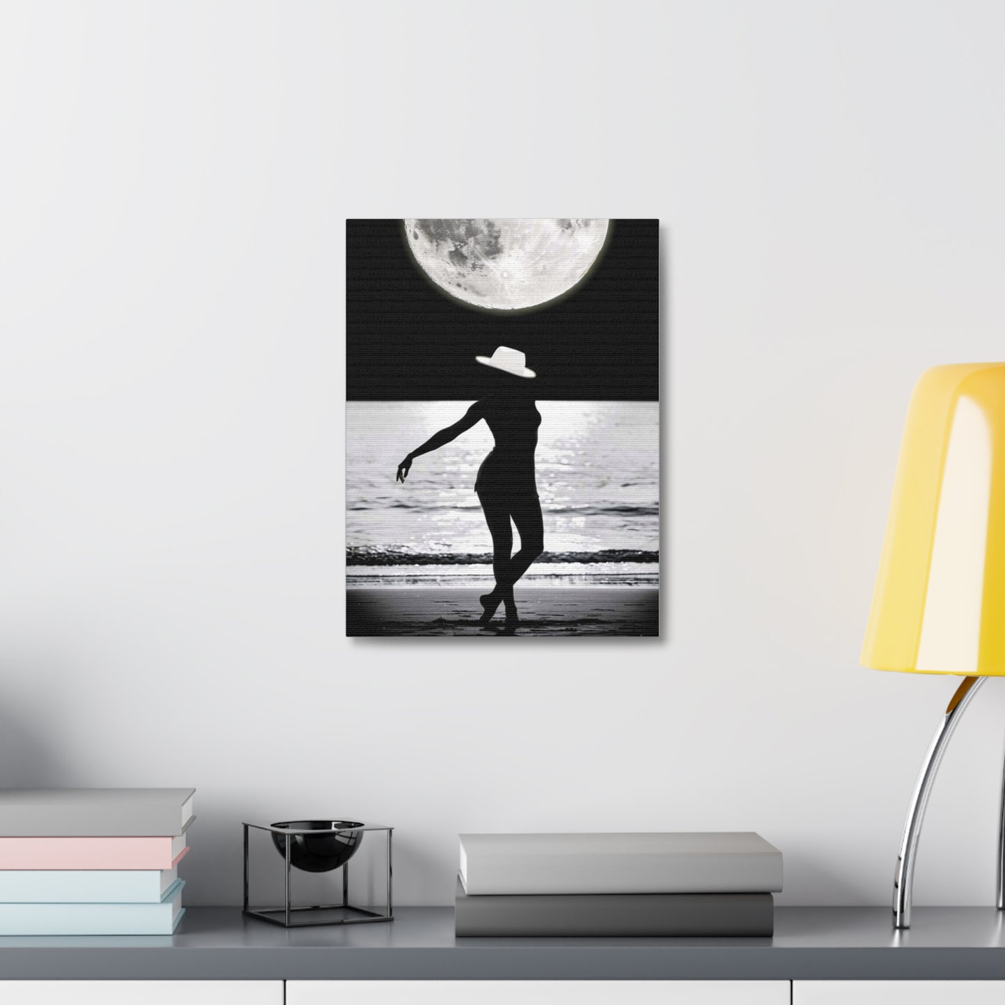 Silhouette at Moonlight – Beach Woman Stretched Canvas Wall Art