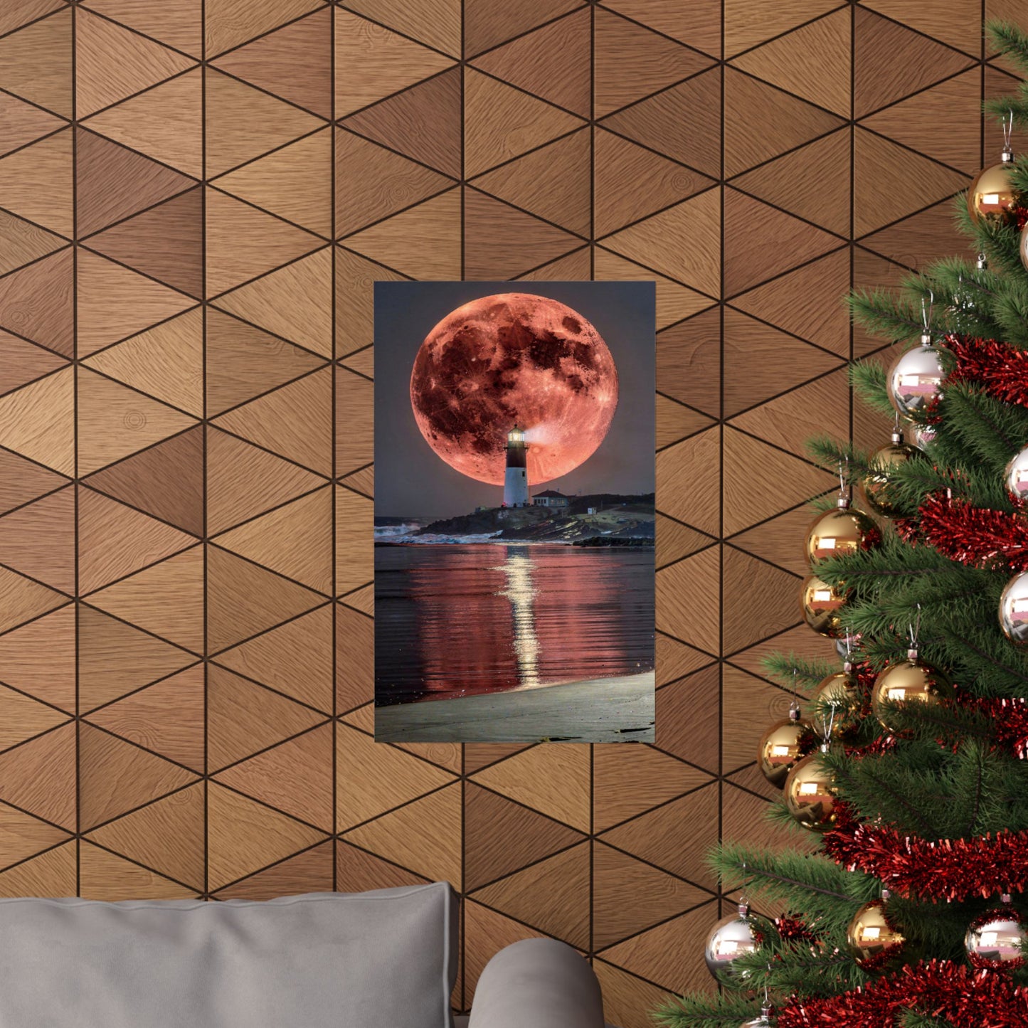 Red Moon Lighthouse Matte Vertical Poster — Surreal Coastal Wall Art