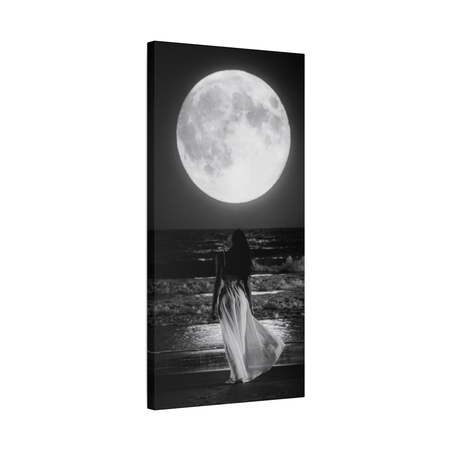 Moonlit Beach Canvas Wall Art — Woman Walking Toward Full Moon (Black & White)