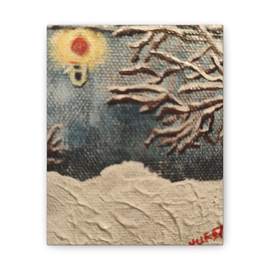 Winter Night Canvas Art – Stretched 0.75" Snowy Tree & Lantern Wall Print