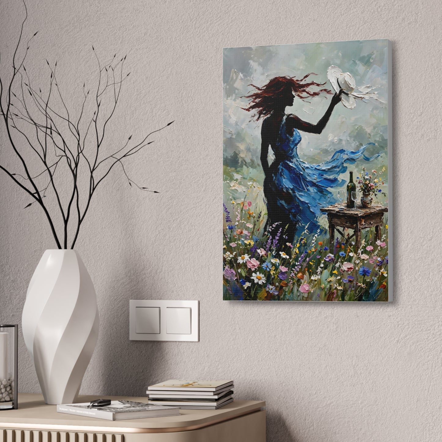 Canvas Wall Art – 'Windy Day' Woman in Blue Dress Painting (Stretched Canvas)