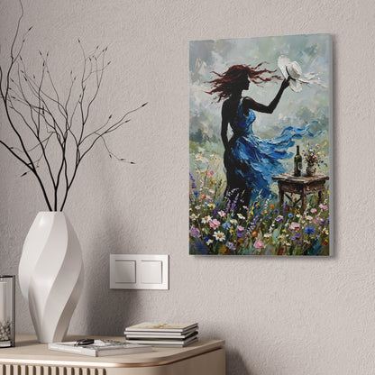 Canvas Wall Art – 'Windy Day' Woman in Blue Dress Painting (Stretched Canvas)