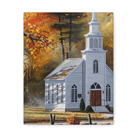 Autumn Chapel Stretched Canvas – Fall Church Wall Art