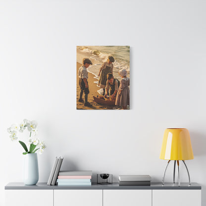 Vintage Children at the Beach Matte Canvas Wall Art (Stretched 1.25")