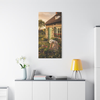 Cottage Garden Canvas Print — Woman Tending Flowers Matte Stretched Wall Art
