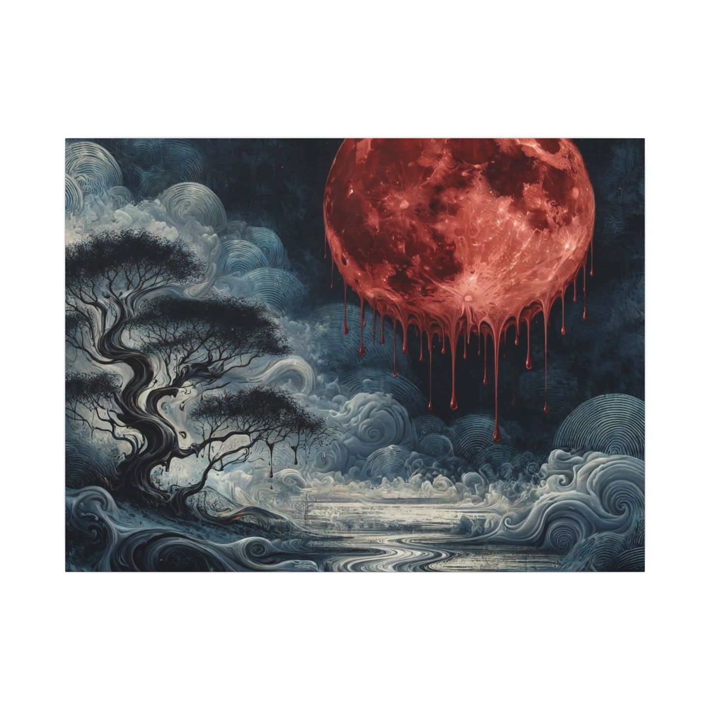 Blood Moon Canvas Art – Dripping Red Moon Over Misty Landscape, Matte Stretched Wall Art