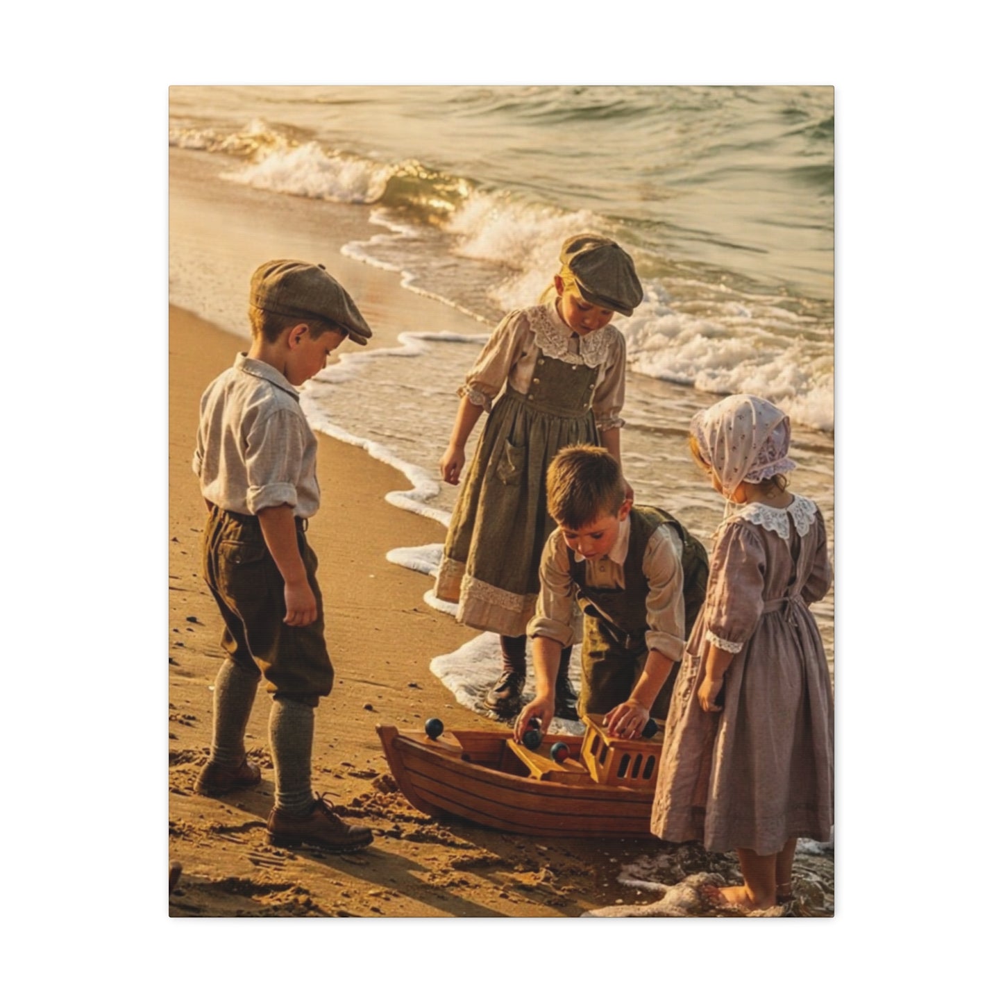 Vintage Children at the Beach Matte Canvas Wall Art (Stretched 1.25")