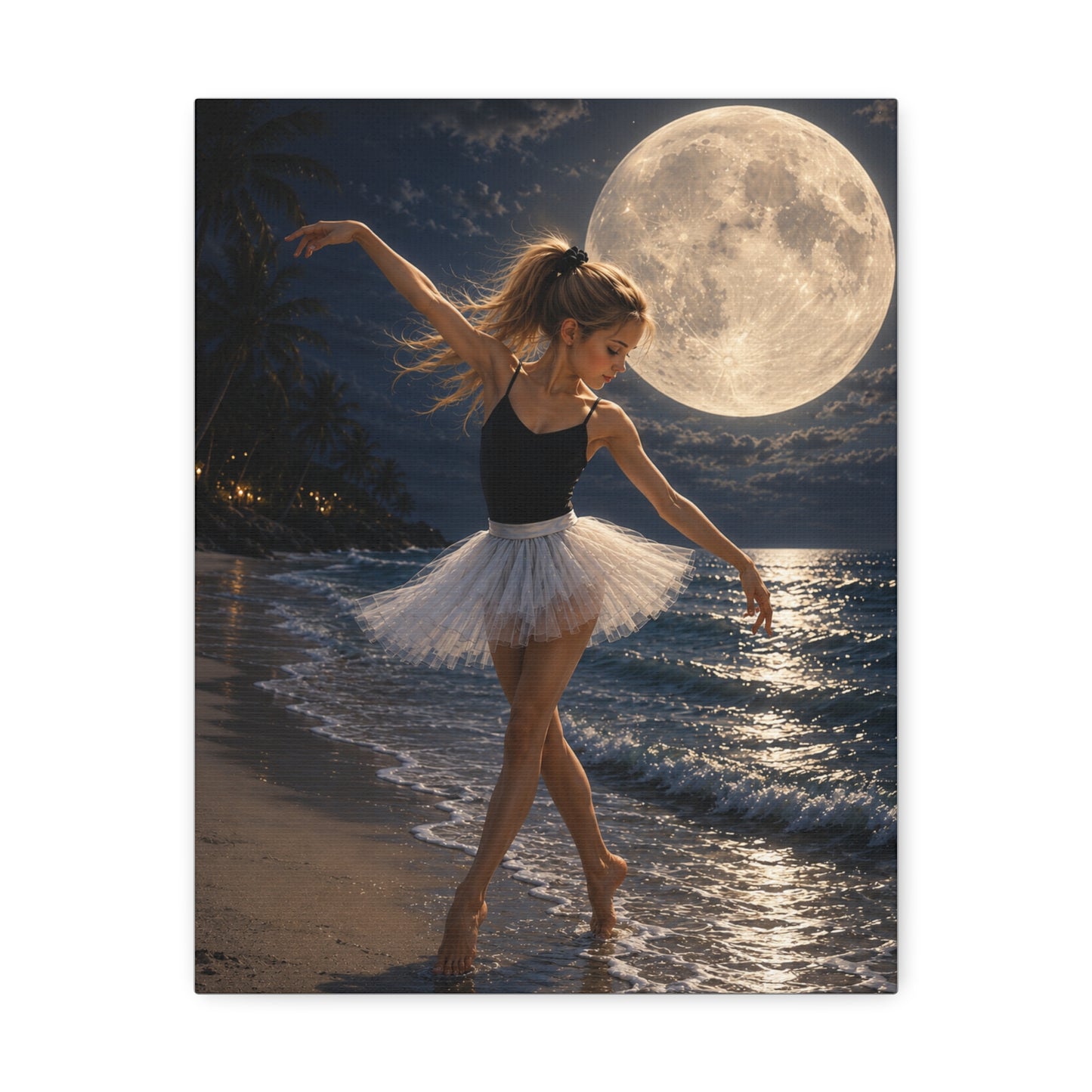 Ballerina Moonlit Beach Stretched Canvas — Dreamy Dance Wall Art