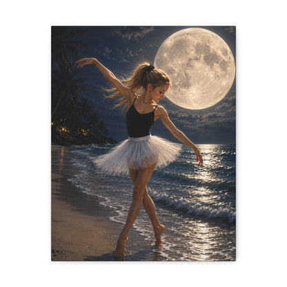 Ballerina Moonlit Beach Stretched Canvas — Dreamy Dance Wall Art