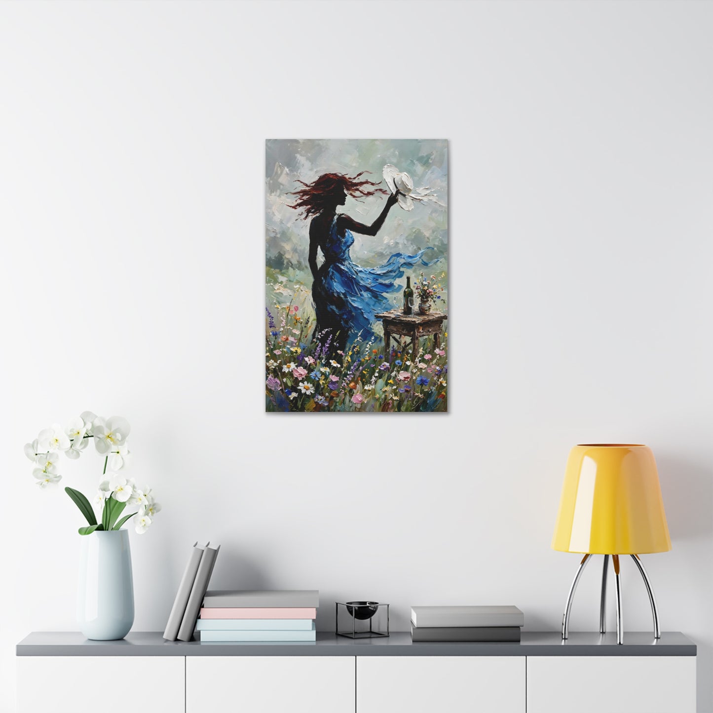 Canvas Wall Art – 'Windy Day' Woman in Blue Dress Painting (Stretched Canvas)